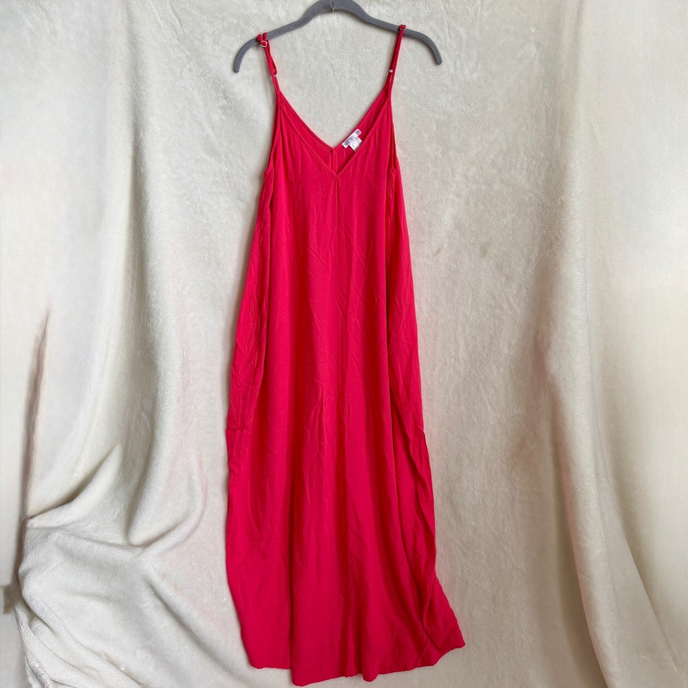 Venus Coral Pink Rayon Maxi Slip Dress Adjustable Straps V Neck Pockets Size M